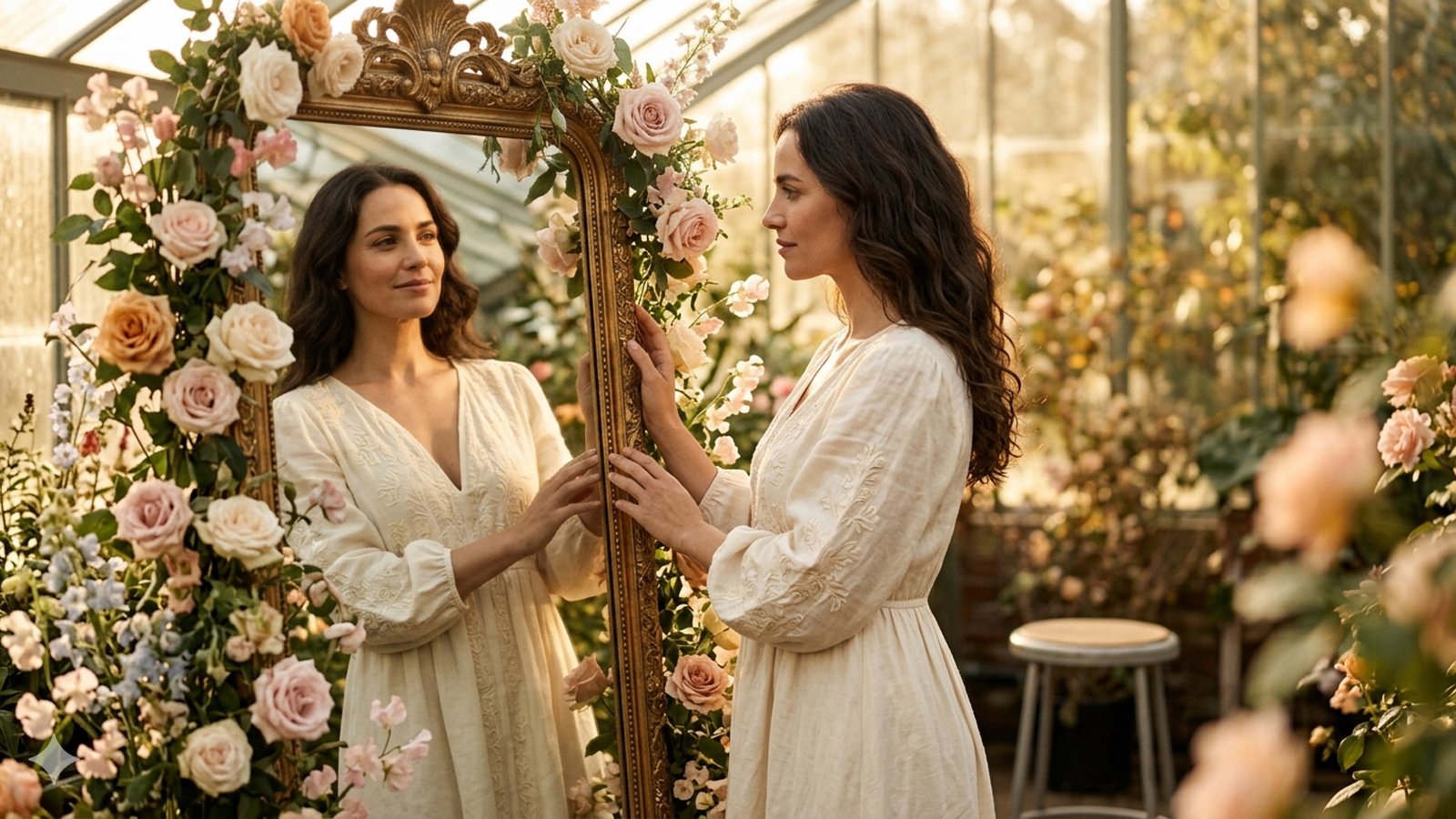 Mujer observando su reflejo en un espejo rodeado de flores como símbolo de amor propio, autoestima y confianza personal